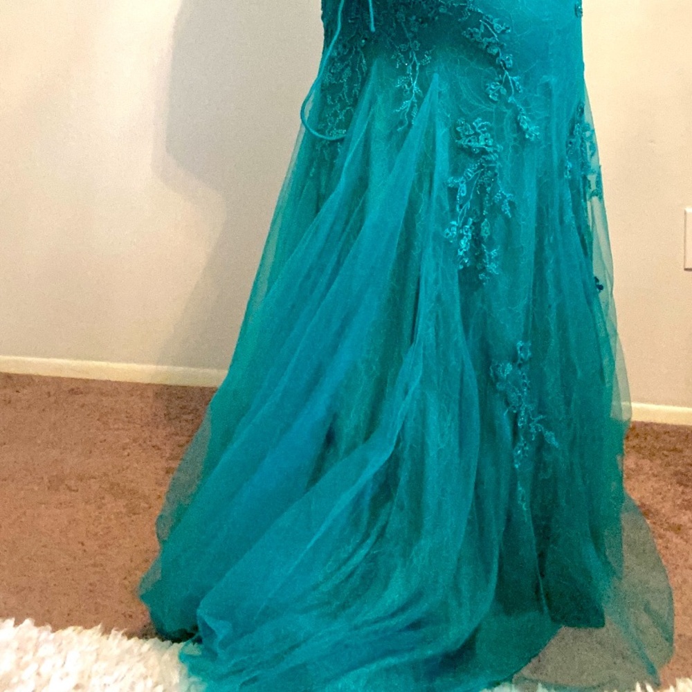 Teal lace prom dress